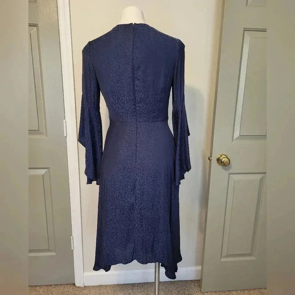 Great Jones Navy Blue Jacquard Leopard Printed Ruffle Bell Sleeves Midi Dress(4) - Picture 6 of 10